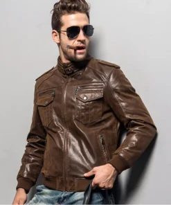 Men’s Brown Bomber Leather Jacket with Rib Collar