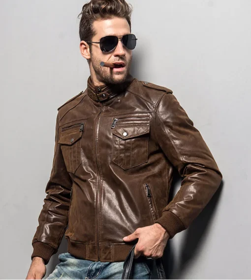 Men’s Brown Bomber Leather Jacket with Rib Collar