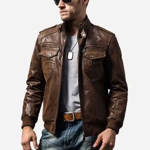 Men’s Brown Bomber Leather Jacket with Rib Collar