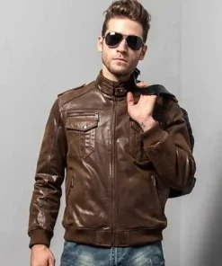 Men’s Brown Bomber Leather Jacket with Rib Collar