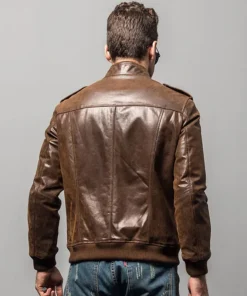 Men’s Brown Bomber Leather Jacket with Rib Collar