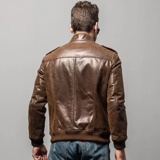 Men’s Brown Bomber Leather Jacket with Rib Collar