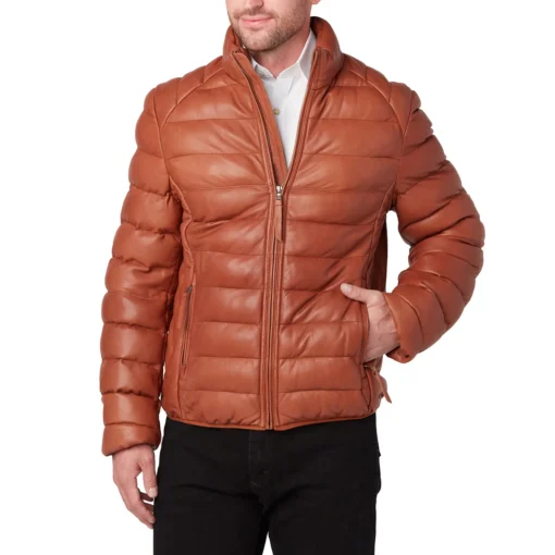 Men’s Cognac Leather Puffer Jacket