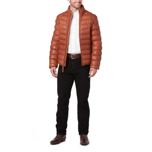 Men’s Cognac Leather Puffer Jacket