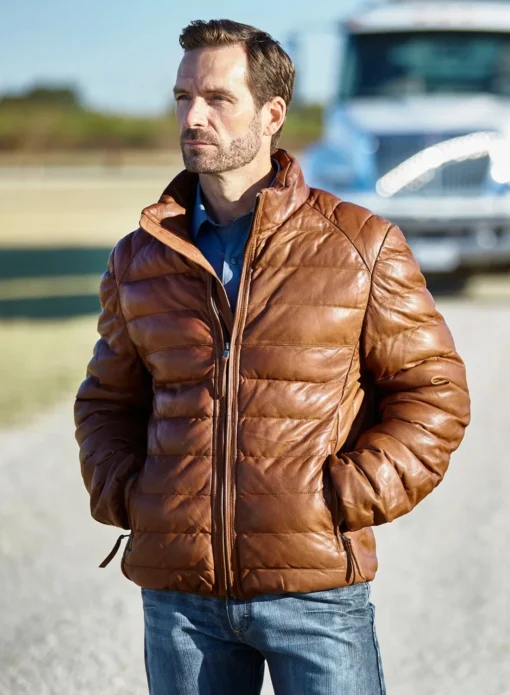 Men’s Cognac Leather Puffer Jacket