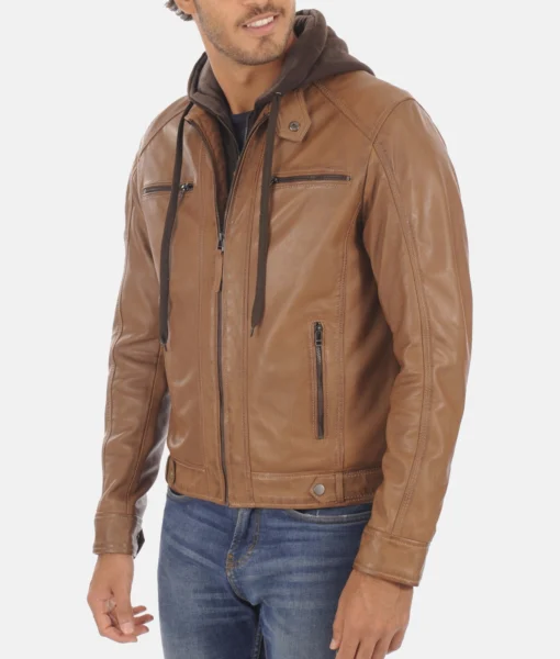 Men’s Erico Cognac Lambskin leather Hoodie Jacket