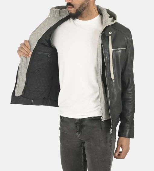 Men’s Erico Shaldon Hoodie Lambskin Black Leather Jacket