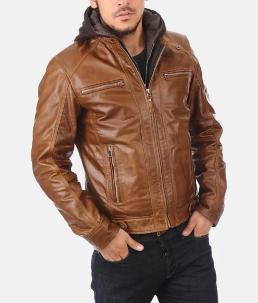 Men’s Eriko Hooded Cognac Buffalo Leather Jacket