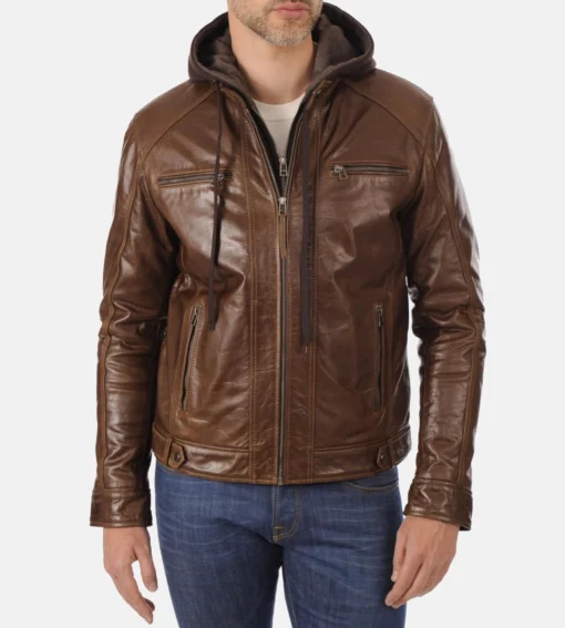 Men’s Eriko Stockley Hood Mocca Genuine Buffalo Leather Jacket