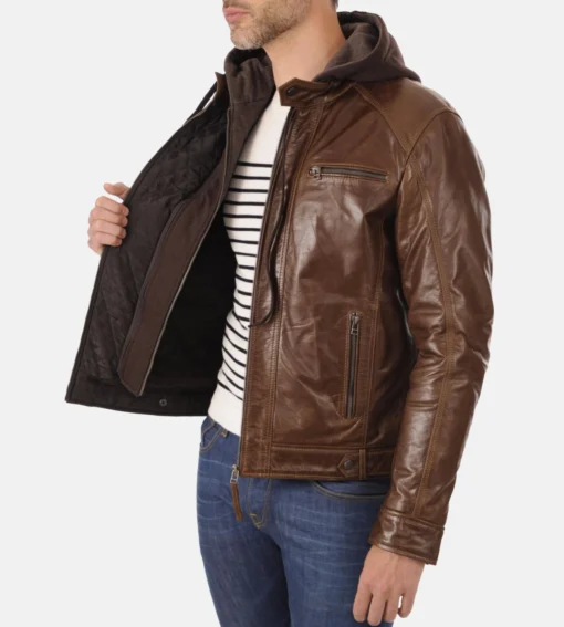 Men’s Eriko Stockley Hood Mocca Genuine Buffalo Leather Jacket