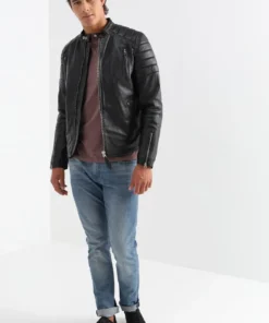 Vieno Mens Cafe Racer Leather Jacket