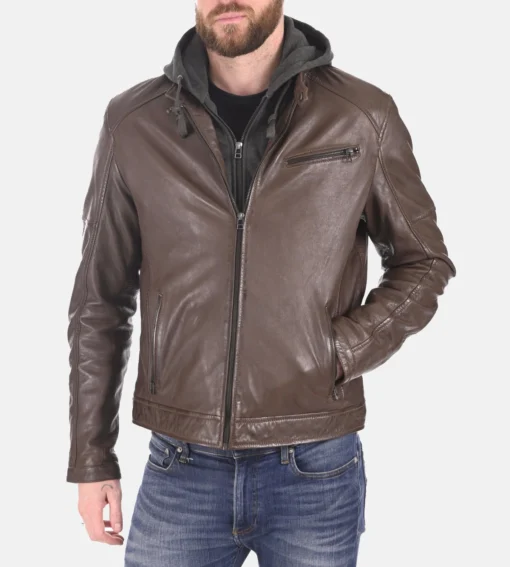 Men’s Iora Mocca Removable Hooded Genuine Leather Jacket