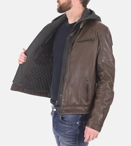 Men’s Iora Mocca Removable Hooded Genuine Leather Jacket