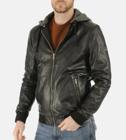 Men’s Jimmy Black Hooded Genuine Lambskin Leather Jacket