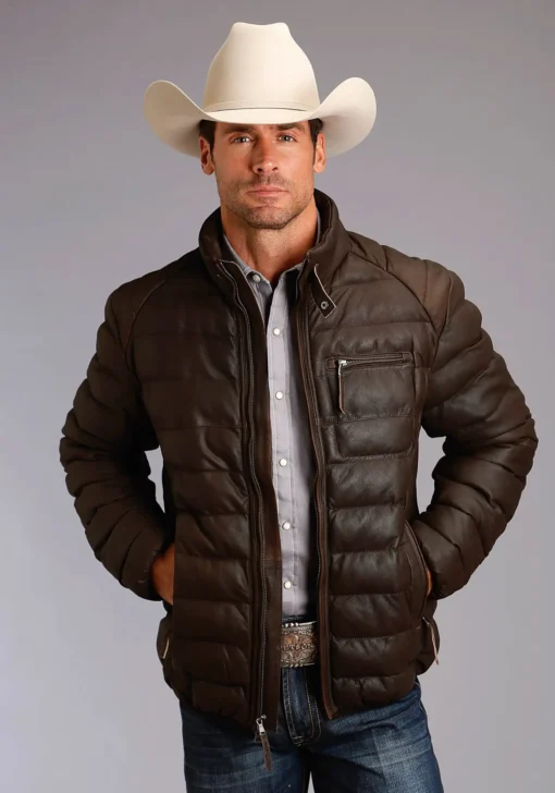 Mens Puffy Dark Brown Leather Jacket