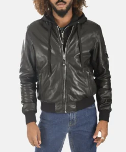 Men’s Teddy Ball Black Genuine Leather Removable Hooded Jacket