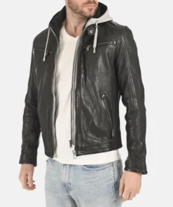 Men’s Winston Black Removable Hoodie Genuine Leather Jacket