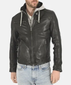 Men’s Winston Black Removable Hoodie Genuine Leather Jacket