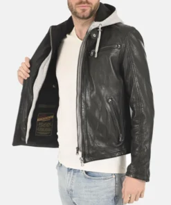 Men’s Winston Black Removable Hoodie Genuine Leather Jacket