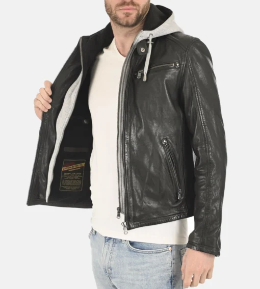 Men’s Winston Black Removable Hoodie Genuine Leather Jacket