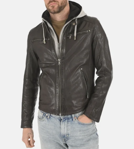 Men’s Winston Dark Brown Hoodie Leather Jacket