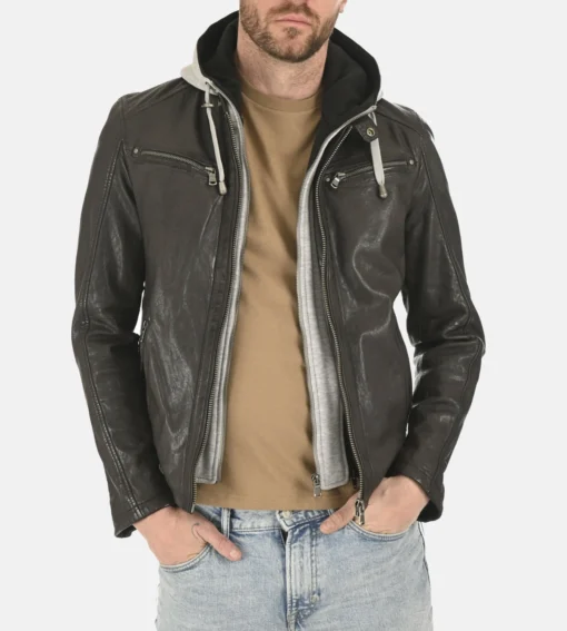 Men’s Winston Dark Brown Hoodie Leather Jacket