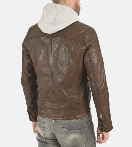 Winston Hallwell Brown Removable Hoodie Genuine Leather Jacket