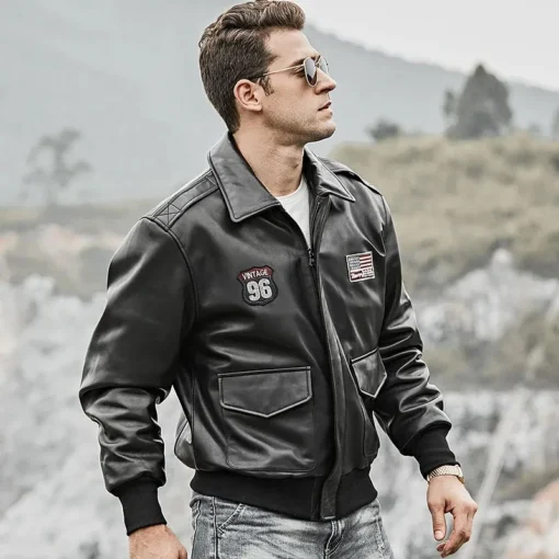 Men’s Black Bomber Leather Jacket – Air Force Pilot Style