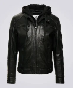 Nils Black Hooded Biker Leather Jacket