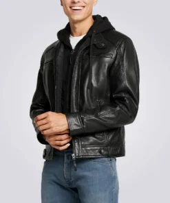 Nils Black Hooded Biker Leather Jacket