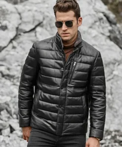 Seattle Men’s Lambskin Leather Puffer Jacket with Removable Fur Collar