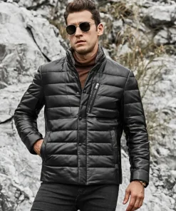 Seattle Men’s Lambskin Leather Puffer Jacket with Removable Fur Collar