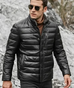 Seattle Men’s Lambskin Leather Puffer Jacket with Removable Fur Collar