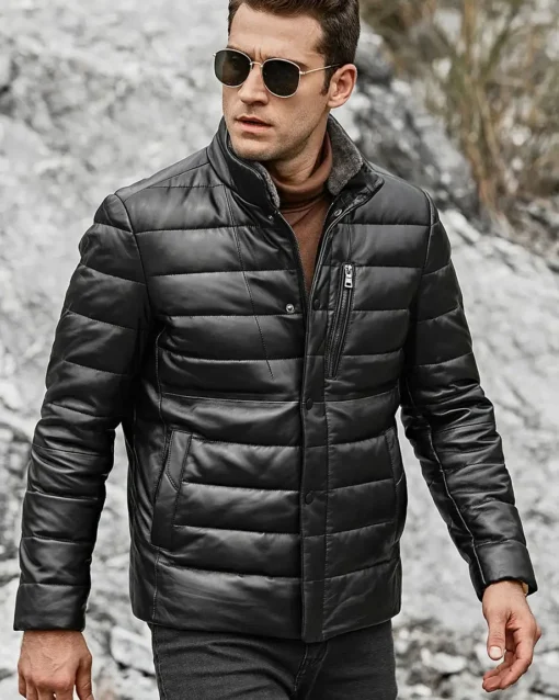 Seattle Men’s Lambskin Leather Puffer Jacket with Removable Fur Collar