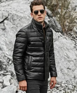 Seattle Men’s Lambskin Leather Puffer Jacket with Removable Fur Collar