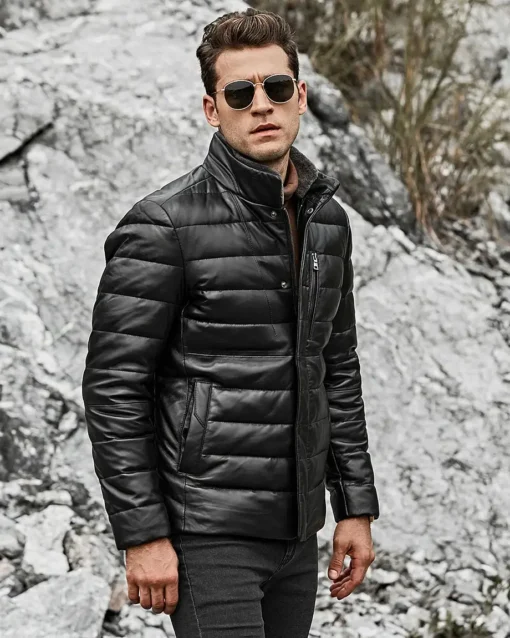 Seattle Men’s Lambskin Leather Puffer Jacket with Removable Fur Collar