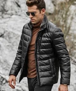 Seattle Men’s Lambskin Leather Puffer Jacket with Removable Fur Collar