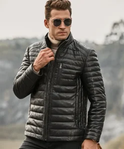 Seattle Men’s Leather Puffer Jacket with Fur collar