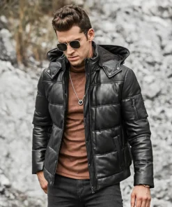 St. Louis Men’s Leather Puffer Jacket Removable Hooded