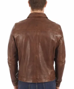 Men’s Cognac Shirt Collar Genuine Leather Jacket