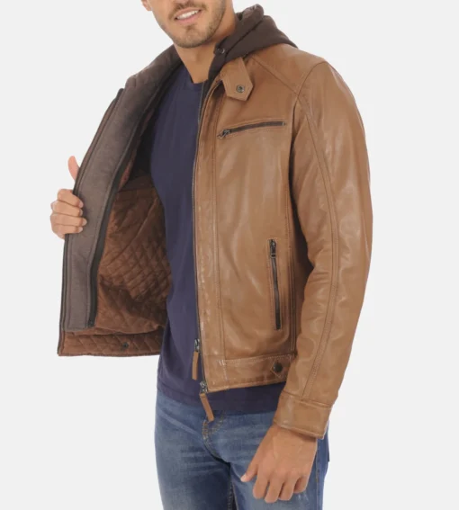 Men’s Erico Cognac Lambskin leather Hoodie Jacket