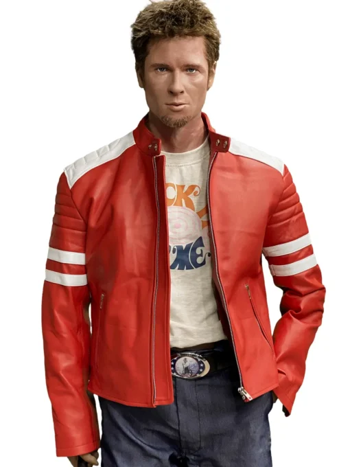 Brad Pitts Tyler Durden Fight Club Mayhem Red & White Leather Jacket