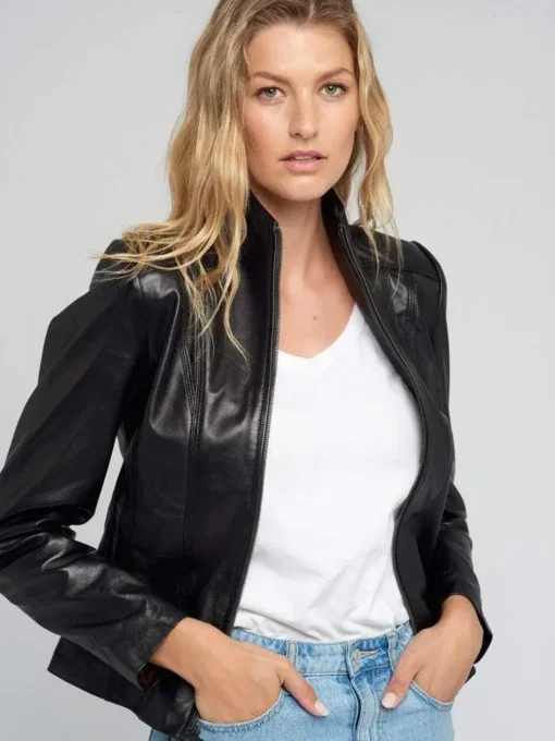 Scube Collar Black Lambskin Leather Jacket