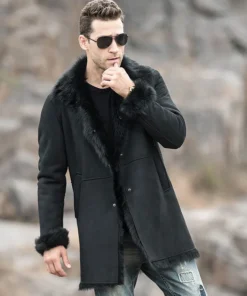 Men’s Black Shearling Fur Leather Trench Coat with Hood