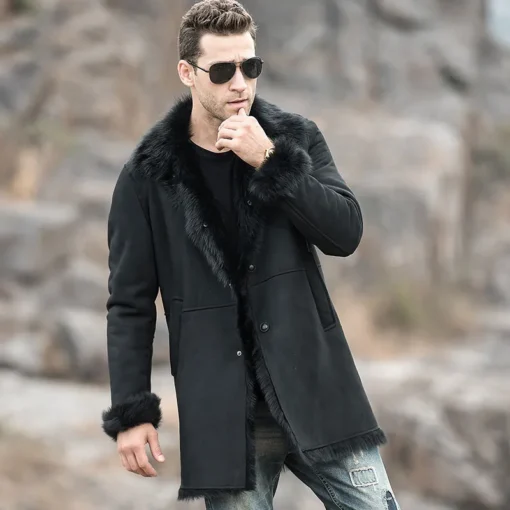 Men’s Black Shearling Fur Leather Trench Coat with Hood