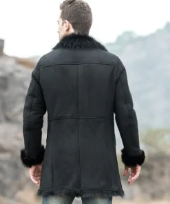 Men’s Black Shearling Fur Leather Trench Coat with Hood