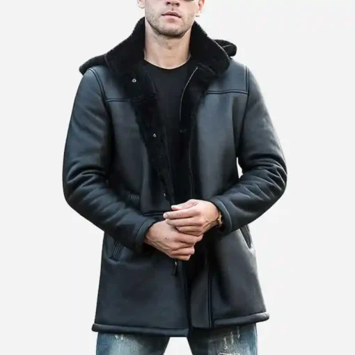 Men’s Black Shearling Leather Trench Coat with Hood