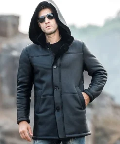 Men’s Black Shearling Leather Trench Coat with Hood