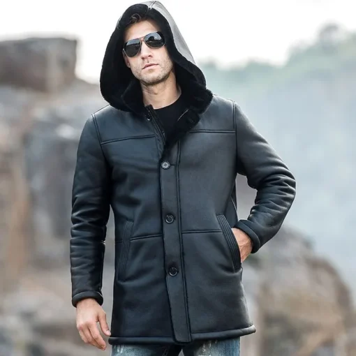 Men’s Black Shearling Leather Trench Coat with Hood