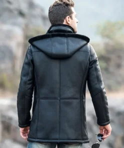 Men’s Black Shearling Leather Trench Coat with Hood